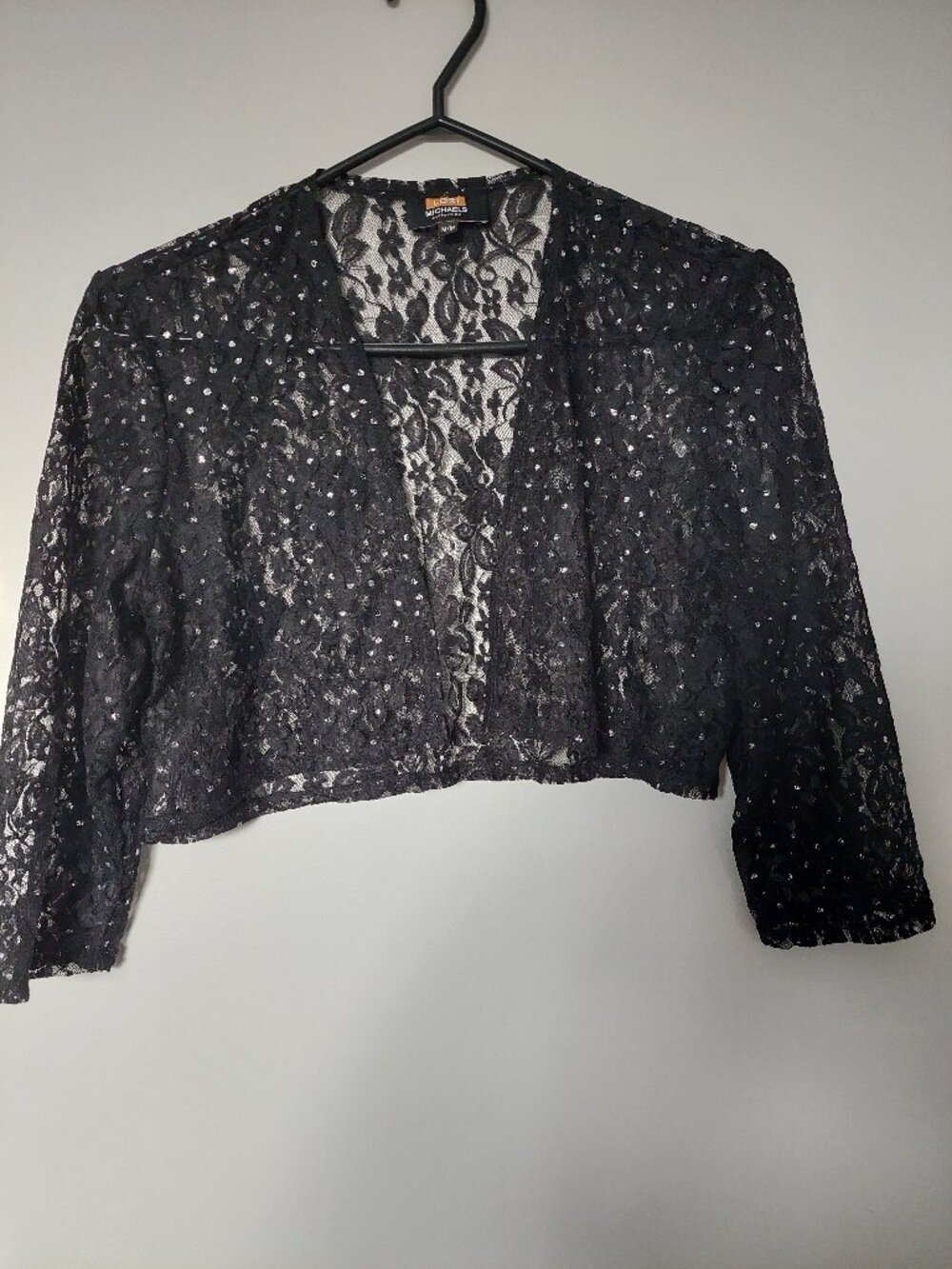 Lori Michaels Size M Black Lace Bolero Shrug Floral Sparkling Sequin